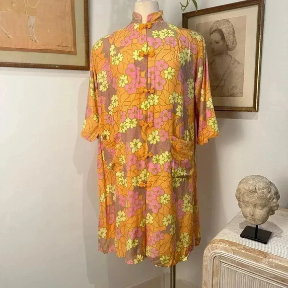Vintage 1970s Mandarin Floral Tunic Dress Bold Orange Retro Print hippy flower - Picture 2 of 7